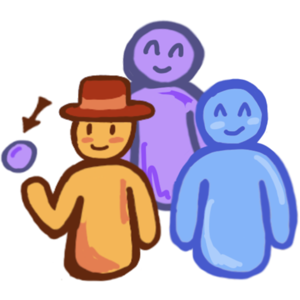 a yellow figure with a hat stands next to a blue figure, and a purple one stands behind them. The yellow figure with a hat has a hand out with a purple ball in it, the ball has an arrow pointing at it.